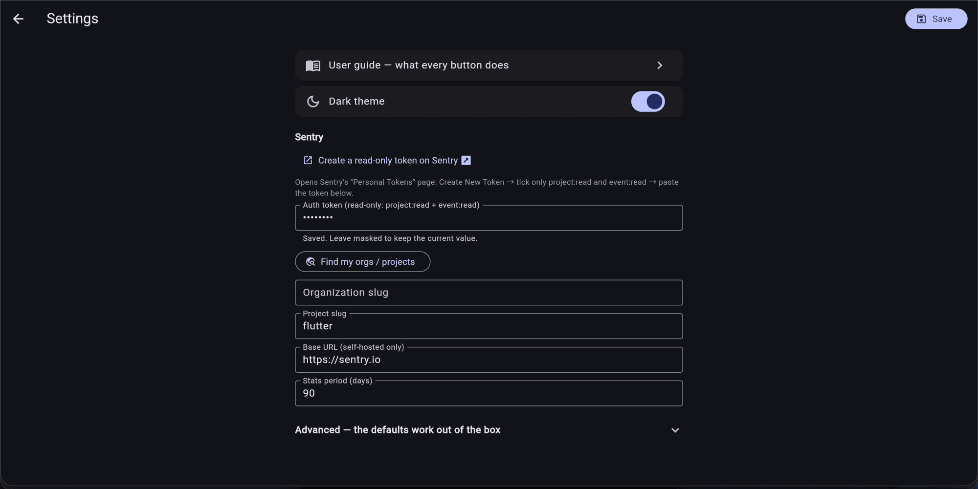 The settings screen: a read-only Sentry token, project, and stats window