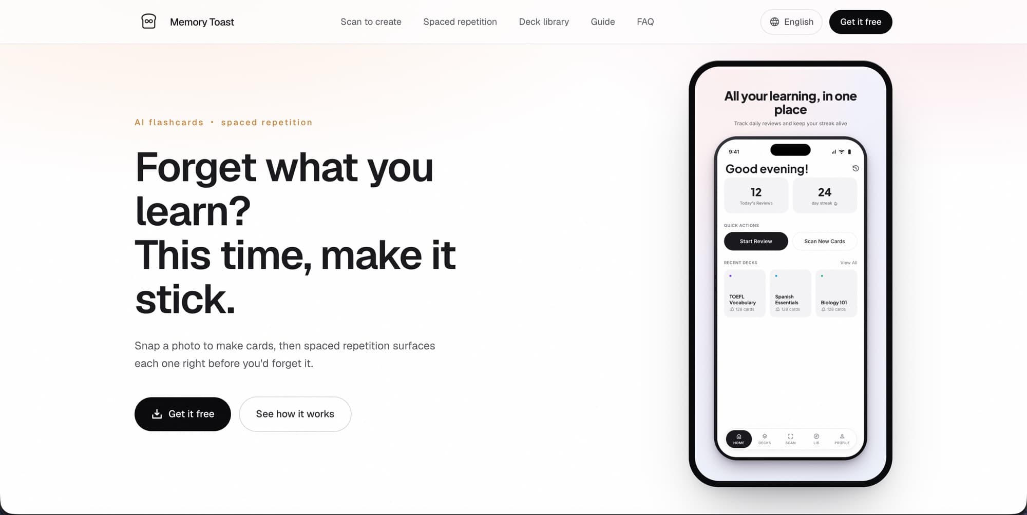The product site's home page, with the review-progress screen beside it